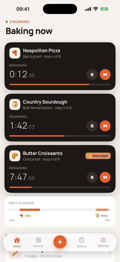 Three bakes running in parallel, each with its own countdown