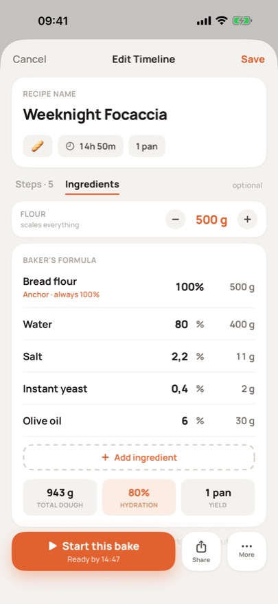 Baker&rsquo;s formula with percentages that rescale from the flour weight
